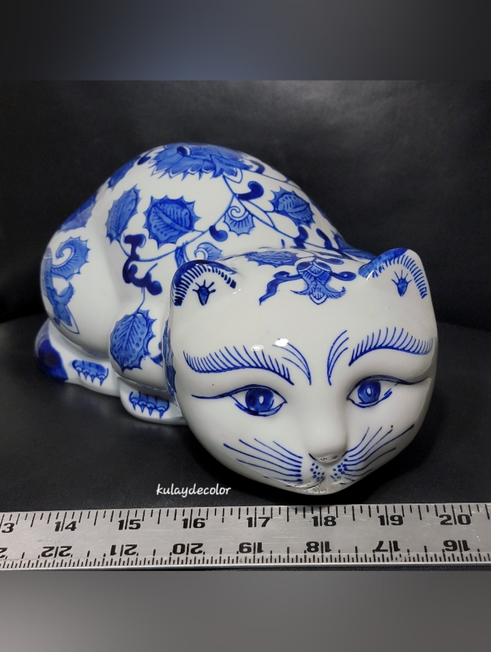 Large Blue & White Delft Style Lounging Cat Figurine Chinoiserie Floral Ceramic